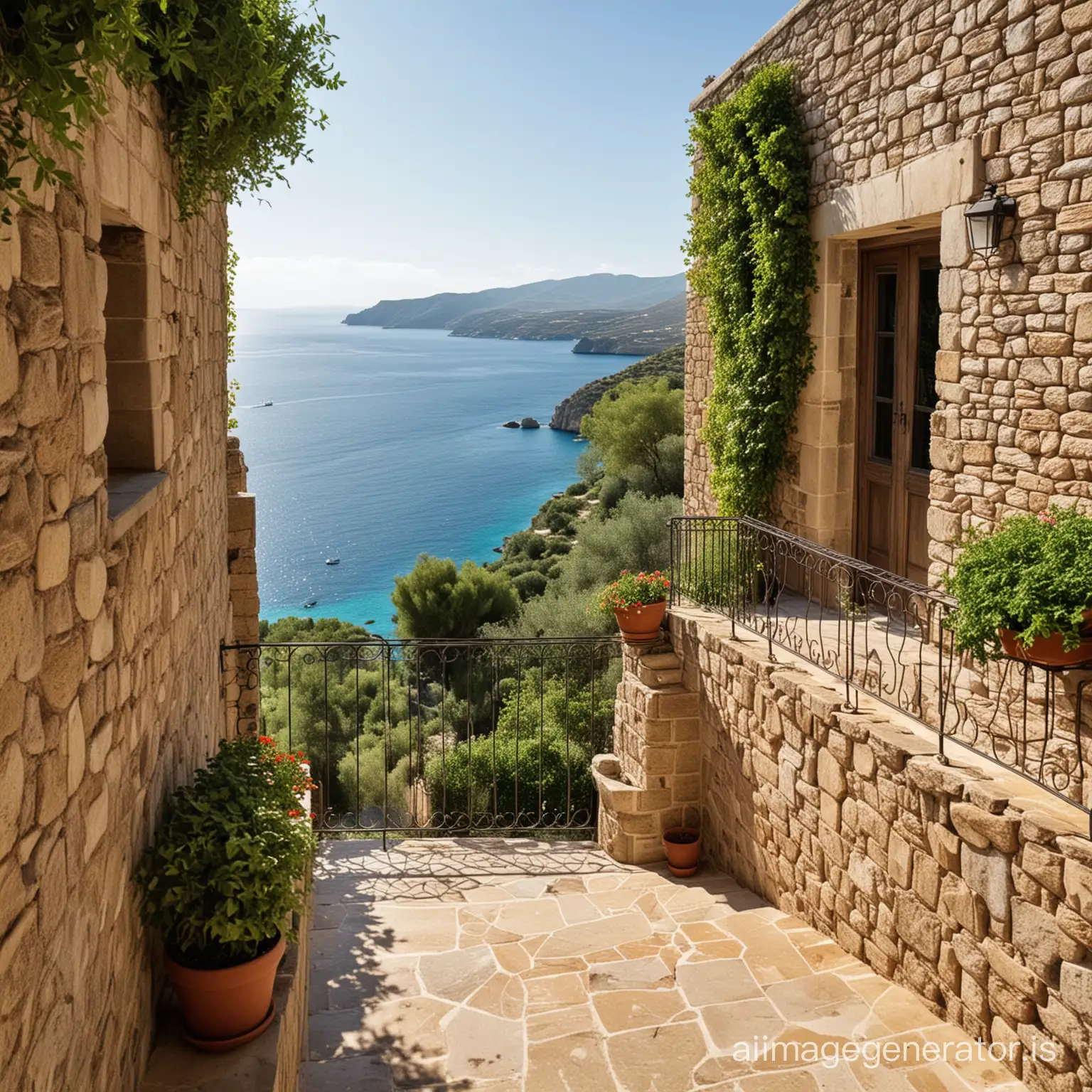 the view from  balcony in a stone tower villa in the Mani Peninsula of Greece. a couple are on the balcony facing away from the camera admiring the view. Vegetation needs to be realistic for Mani. Sunlight needs to be realistic for Greece in the summer