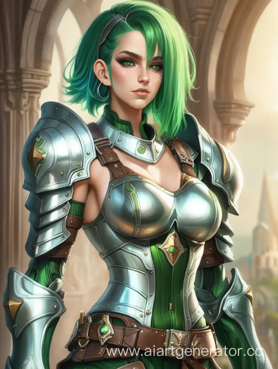 фэнтези женщина, изобретатель, зеленые волосы, большая грудь, одета в броню