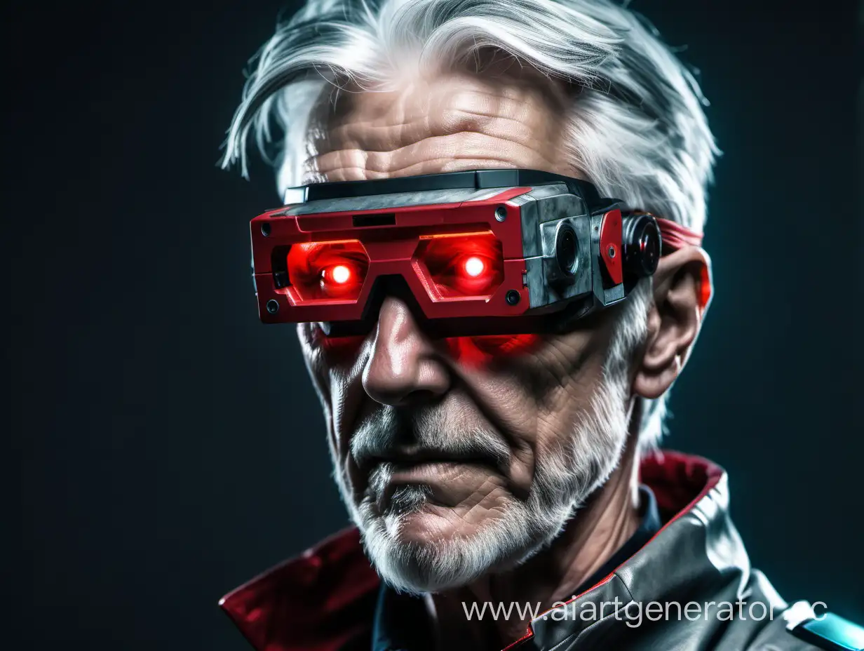 Gray-haired scientist with a red rectangle visor on his left eye, age about 50 years, slim body, cyberpunk style