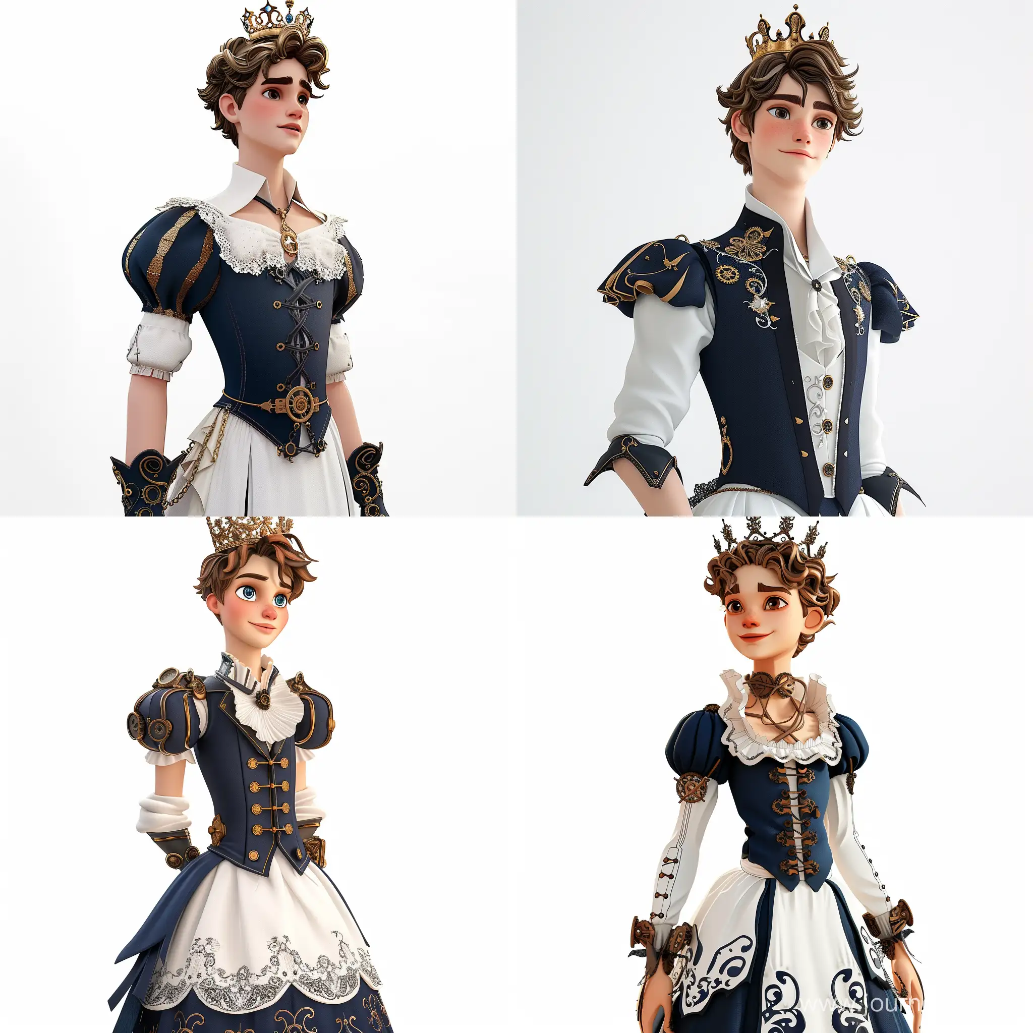 A Young Man with a Crown on his head, Navy Blue & White Dress Details, Steampunk Dress Style, White Background, Vectorize, Blender Software, 3d Cartoonic Character Design, Disney Studio Style, High Precision 