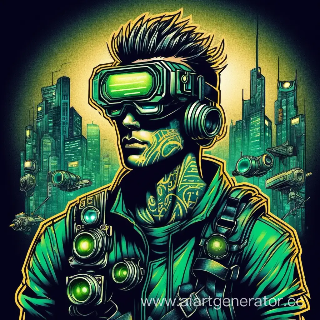 2010s tattoo art, cyberpunk, night vision goggles, dark hero