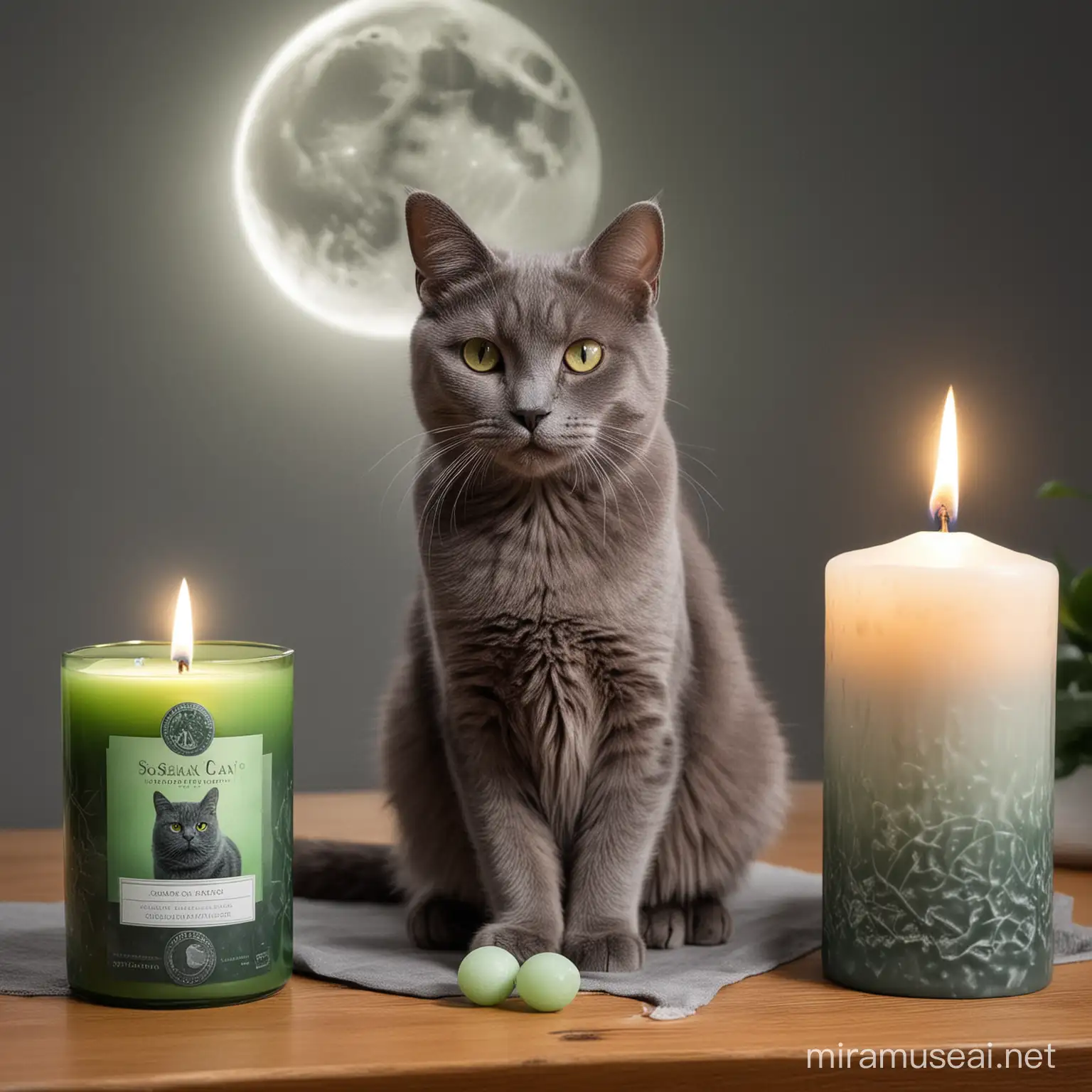 grey cat sitting, solana cryptocurrency green candle and the moon on top of the cat
