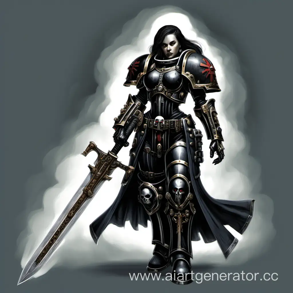 Warhammer 40k Black Templar female space marine carrying a single ornate black sword. wearing black armor and white plates for her shoulder pads.