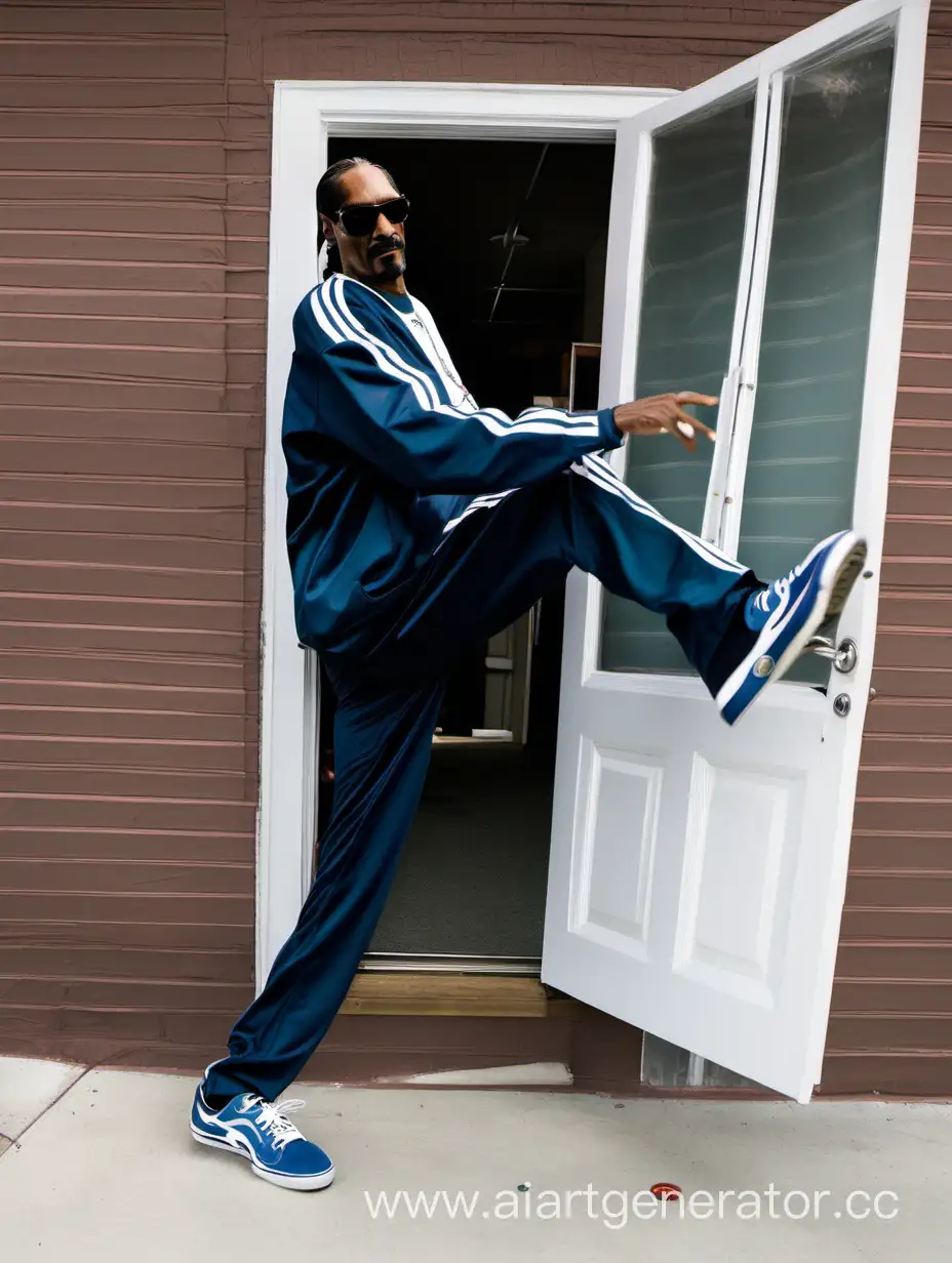 Snoop Dogg kicks the door and punches it. The foot will get stuck in the door