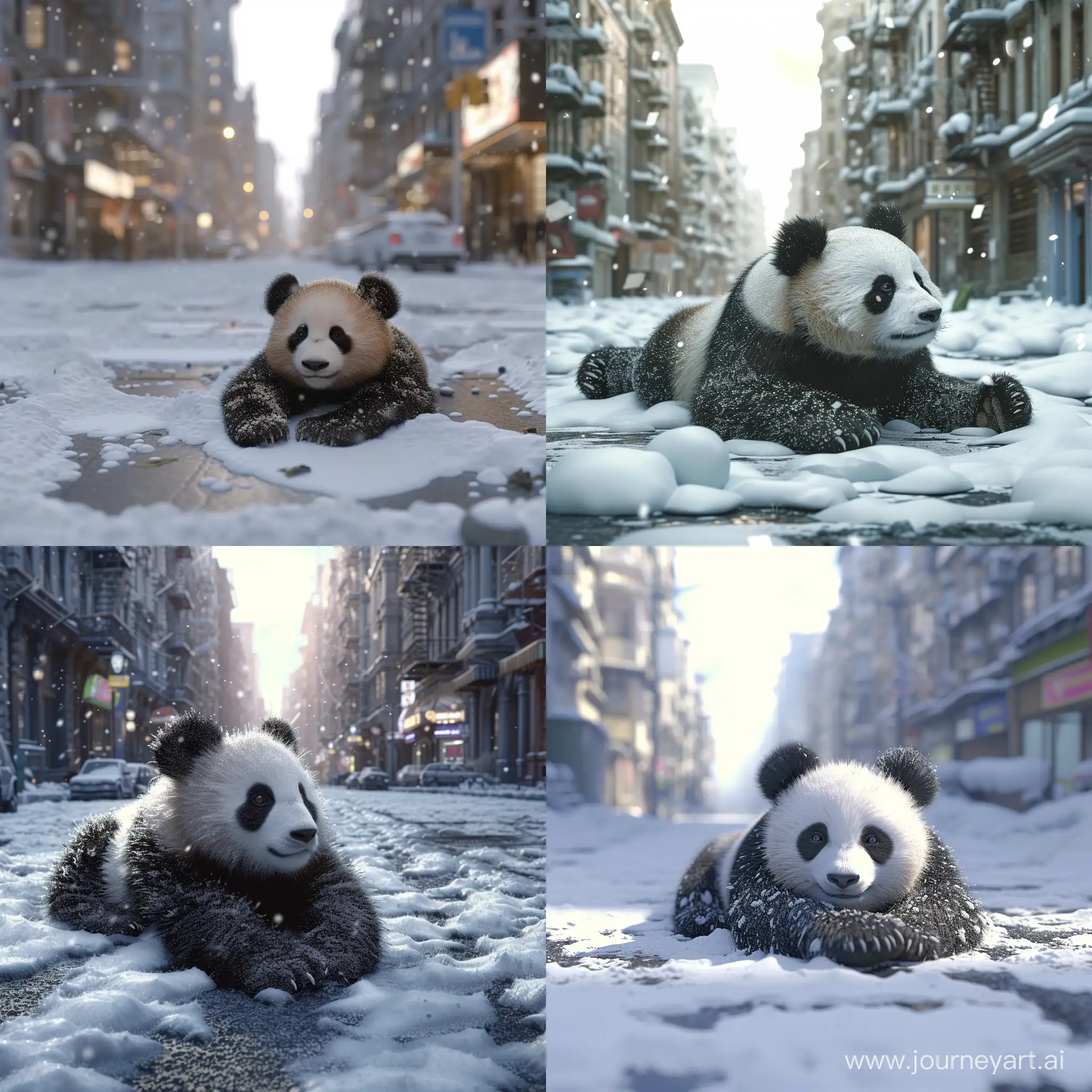 The mischievous little panda lies on the snowy streets of the city, looking ahead, photorealistic --style raw --v 6
