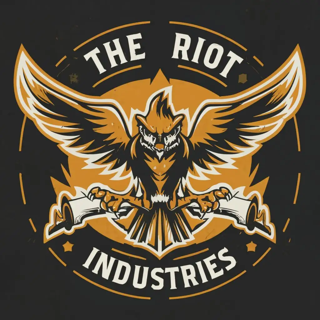 logo, hawk, with the text "The Riot Industries", typography