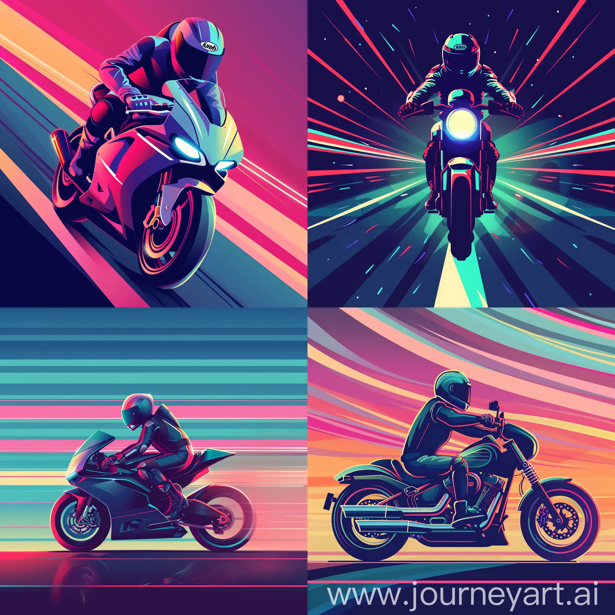 Flat illustration of A person riding a motorcycle, wearing a helmet, cool background, neon, long picture. high quality details