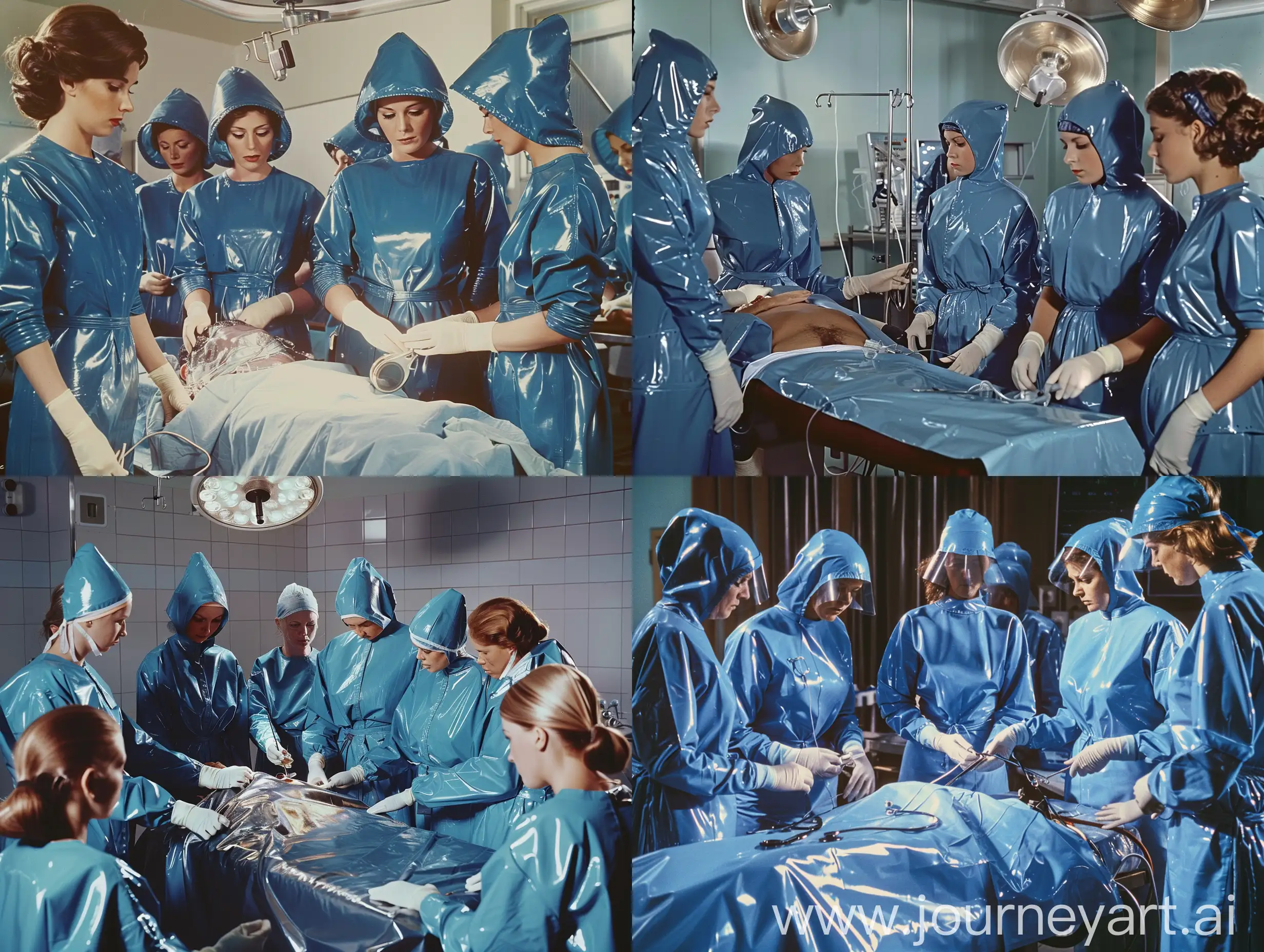 the picture shows operating theatre staff carrying out an operation on a patient on the operating table. all the nurses and doctors are female. In addition to their operating theatre clothes all staff are in addition wearing shiny glossy blue maxi latex rubber  mackintoshes, tightly belted and hooded, worn with the Mack hood in the raised position.