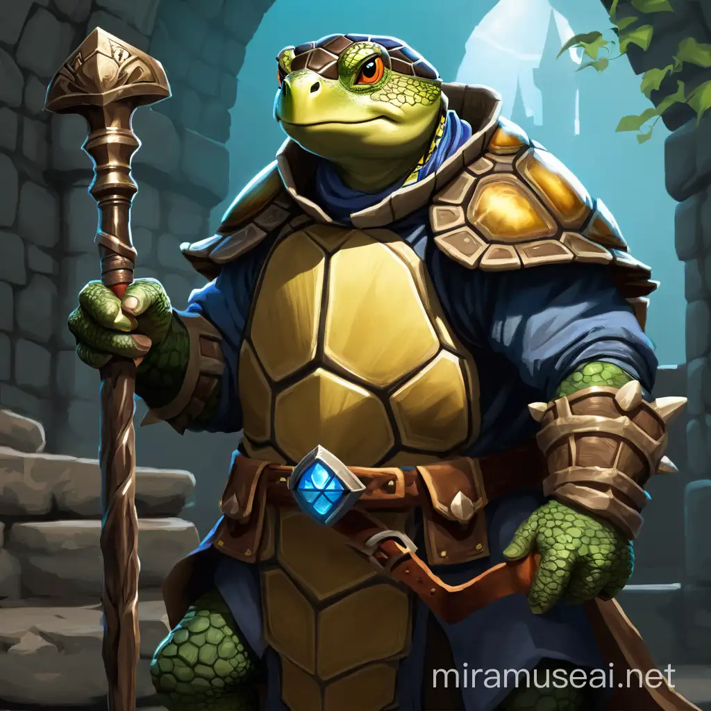 Dangerous Tortle Mage adventurer getting ready to cast a spell in a stone castle