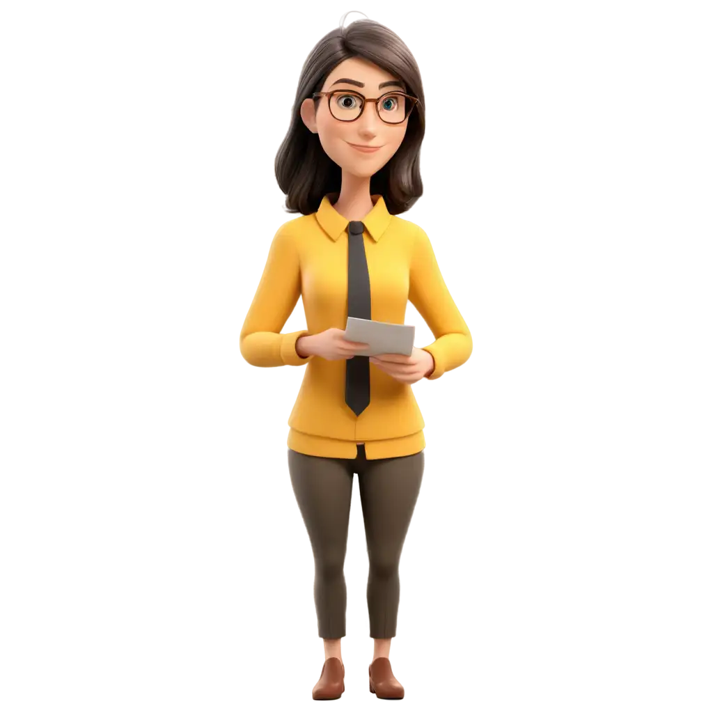 мультфільм жіночої моделі в окулярах яка дивитися в паперовий листок і має жовтий одяг і білий бейджик на шиї. яка має ідею