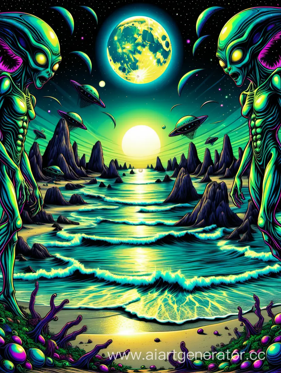 background for flyer, digital art, full moon view, beach party, ALIENS dance, psytrance, psychedelic art