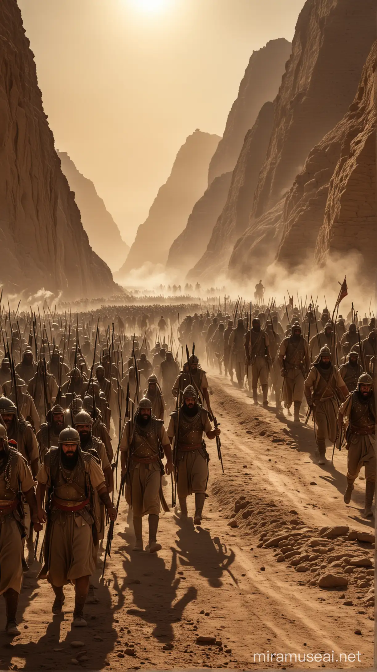 A scene of war depicts the Persian army marching into Egypt under the command of the Persian king. Pers soldiers prepare for battle, shouting war cries as they advance. In the backdrop, the silhouette of Egypt becomes clearer, while chaos and struggle dominate the atmosphere of the scene.





