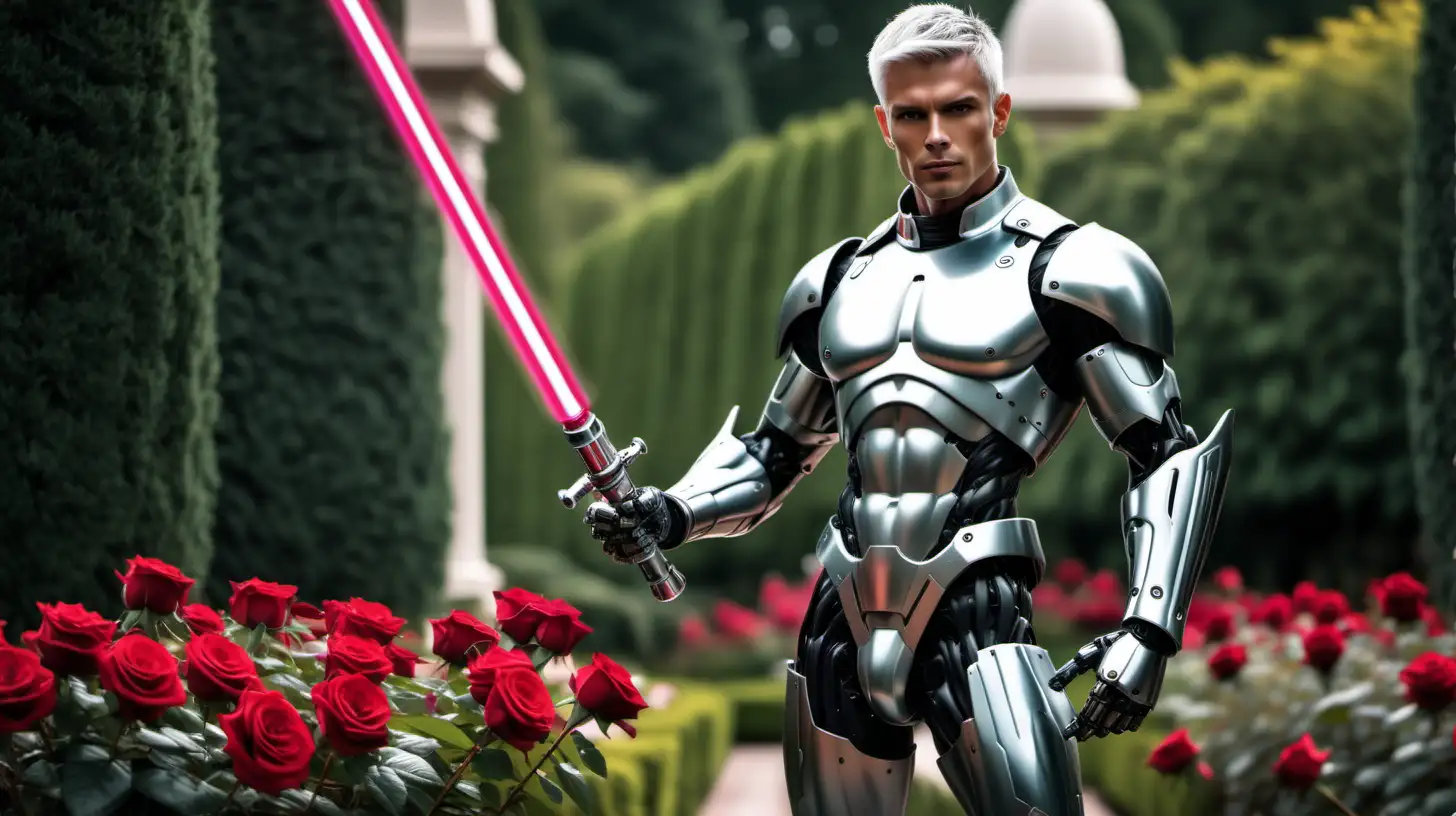 a handsome muscular robot knight short silver hair stubbles shirtless tanned show hairy chest show abs show legs full body light saber guarding the rose garden 