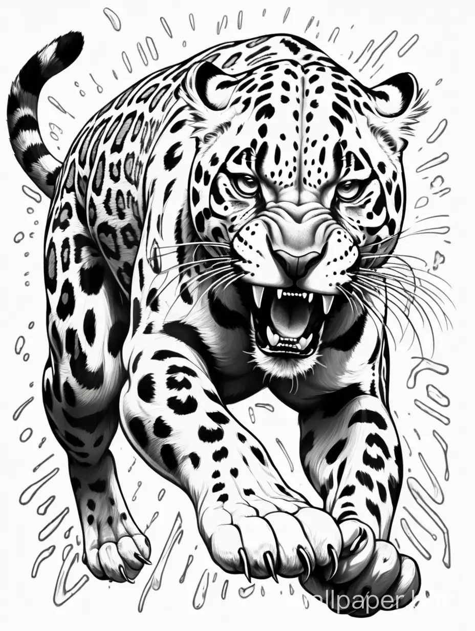 paw attacking,  panthera onca, detailed lineart, amazing masterpiece, crazy furious attack, insane, running open paw attack, Jaguar Panthera onca Underside of forepaw showing pads, sticker art
