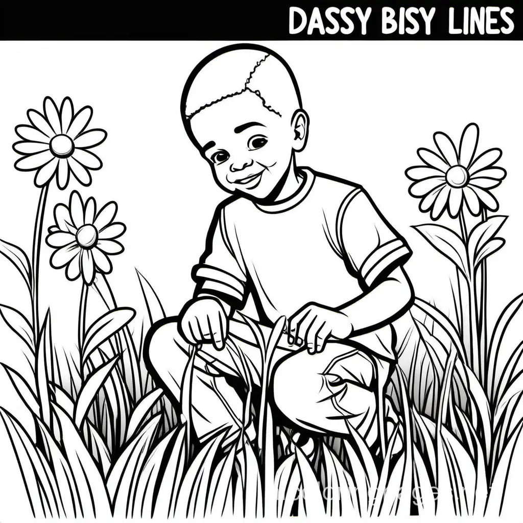 Young-Boy-Picking-a-Daisy-Simple-Black-and-White-Coloring-Page