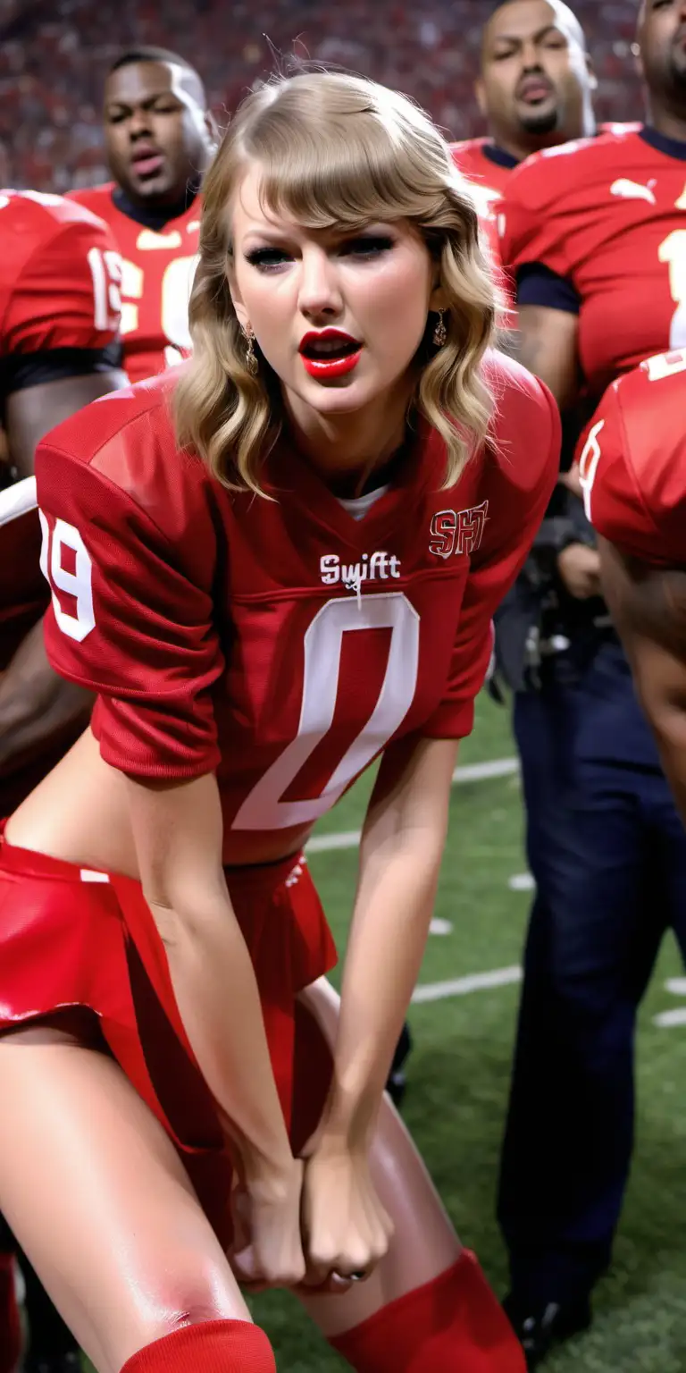 taylor swift with red pain on her body and face, bent over at football game, surrounded by football men in red uniforms, she is crying