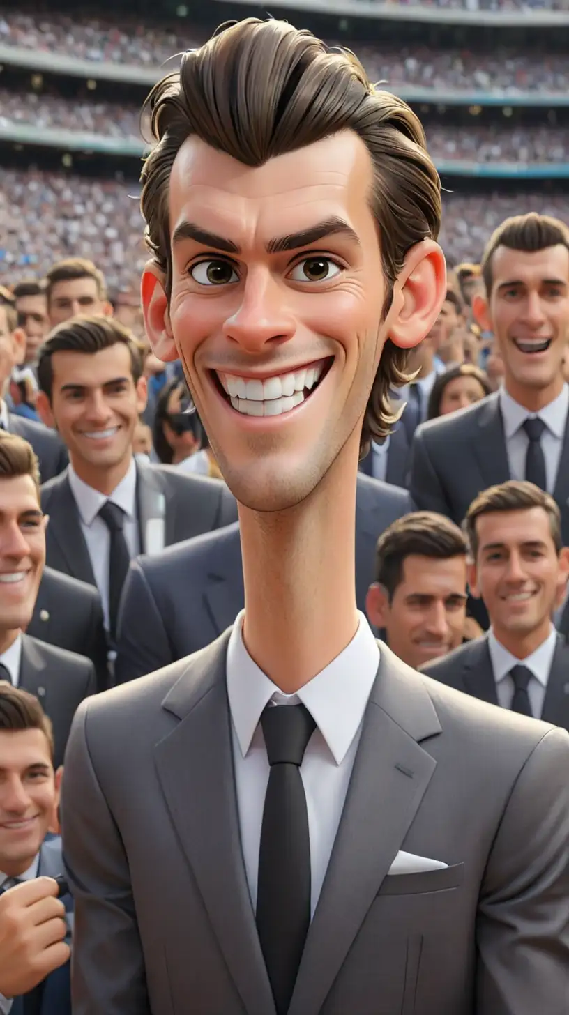 Drawing of Gareth Bale at the ceremony to join Real Madrid, wearing a suit, smiling face, surrounded by the stadium and many reporters
, 3d Cartoon