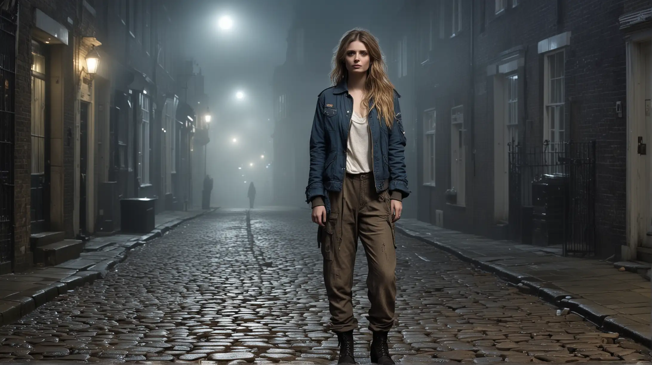 Create a cinematic image of an 18 girl, dressed in a junker jacket, junker pants, blue eyes, long  hair, dirty face, looks like Mischa Barton. standing on a cobble stoned deserted street on a foggy moonlit night in old London.  Atmosphere is a sense of errie mystery. Photo realistic. 