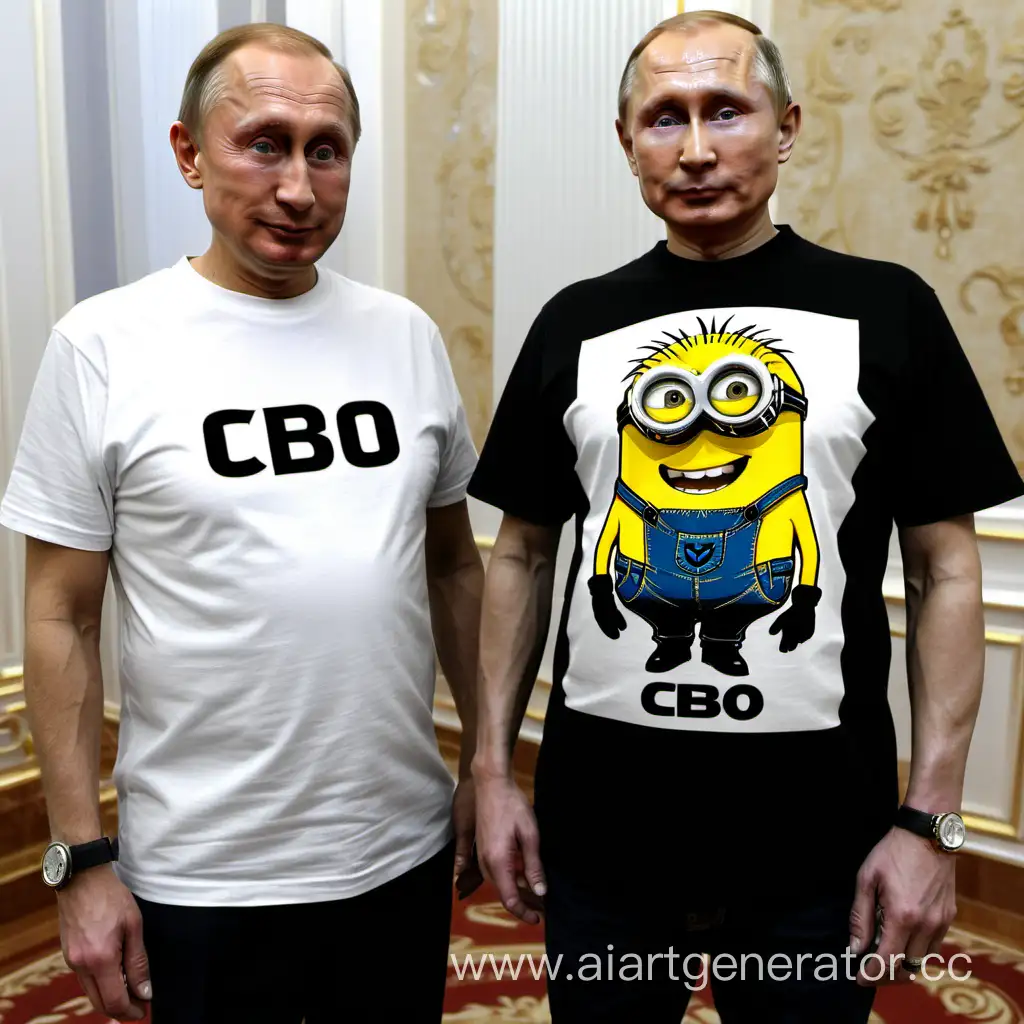   миньон в майке с надписью CBO стоит рядом с Путиным в россии