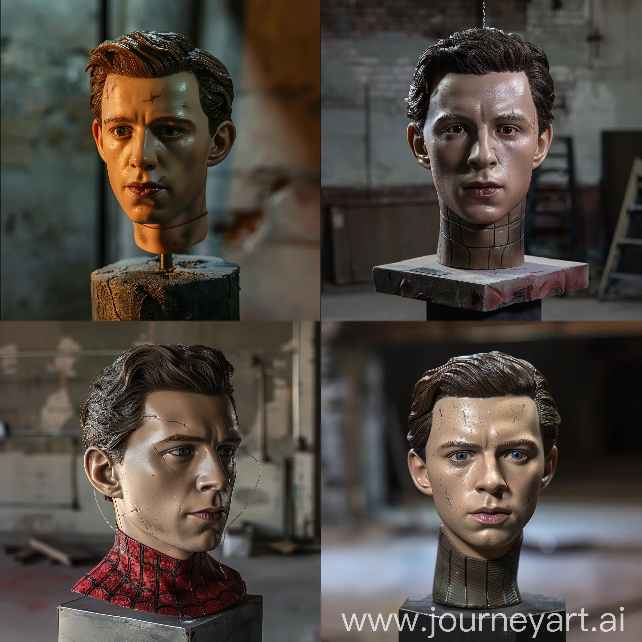 One realistic detached prototype head of Tom Holland on display on a pedestal, a good looking face of the actor Tom Holland, handsome Tom Holland prototype realistic head mask, Basement background, low lighting