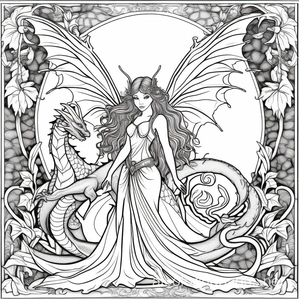 majestic fairy with dragon adult coloring page
, Coloring Page, black and white, line art, white background, Simplicity, Ample White Space. The background of the coloring page is plain white to make it easy for young children to color within the lines. The outlines of all the subjects are easy to distinguish, making it simple for kids to color without too much difficulty