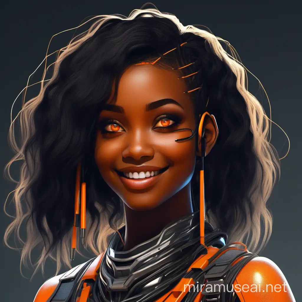 Ebony Girls SciFi Side Portrait with Bright Orange Fringe and Facial Wire