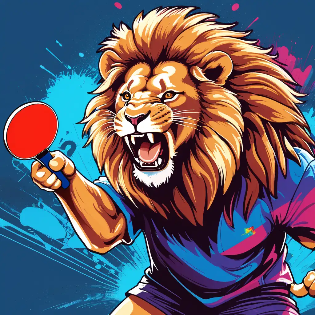 kolorowy lew ryczący gra w tenisa stołowego