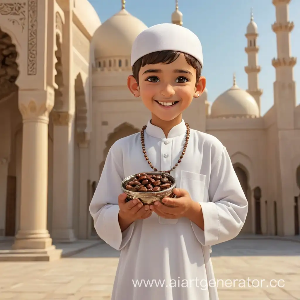 The boy is holding an Arabian date in one hand, and a rosary in the other hand.

 He wears a cap and a long Islamic dress. Mosque in the background.

Happy Ramadan with a smile on his face.

Place the text "RAMAZON MUBARAK" on the picture.