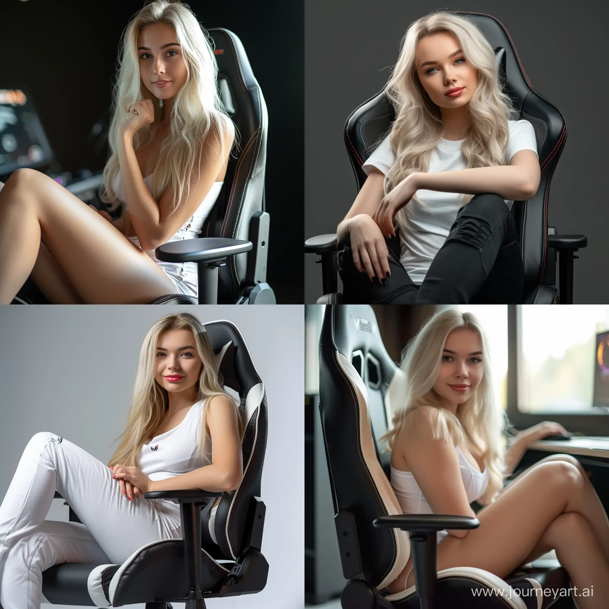 white young blonde beautiful woman sitting on a gaming chair