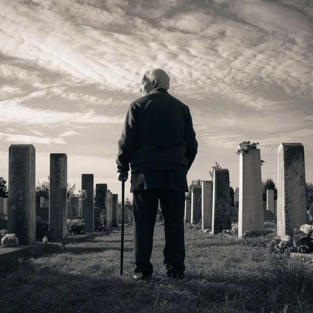 aging man overlooking cemetery