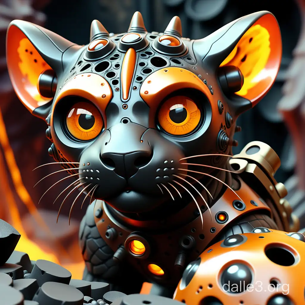 super close-up shot hellish cyberpunk steampunkpanther with round pupils dark amber,closed cave, in the foreground, a long-eared mug looks close to the camera, fish-eye, deep holes, parallel, dark holes, between two top and bottom coal strongholds, in the middle of bitumen, with devils and vipers, pencil graphics, surrealism, palette black cinnabar dark amber,insanely detailed and intricate,Hyper detailed