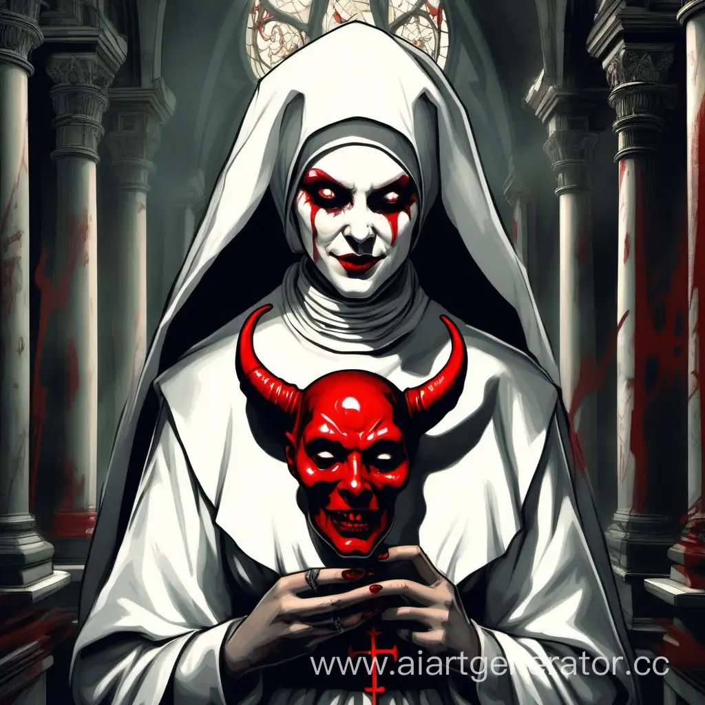 Монашка в белой одежде , смотрит на меня и держит в руках маску дьявола красного цвета она стоит боком ко мне, она в готическом храме, монашка зловеще улыбается