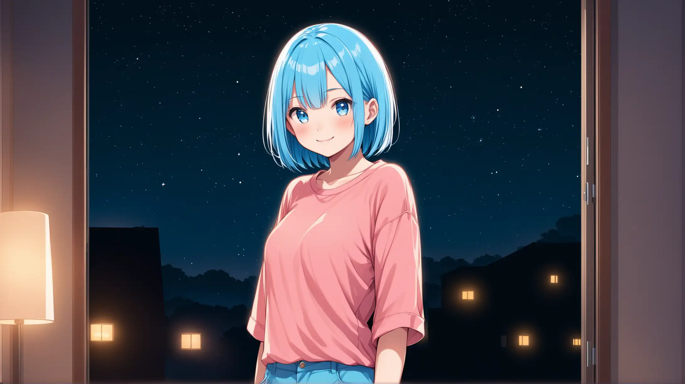 Draw the character Rem standing indoors at night while she is wearing casual clothes and smiling at the viewer