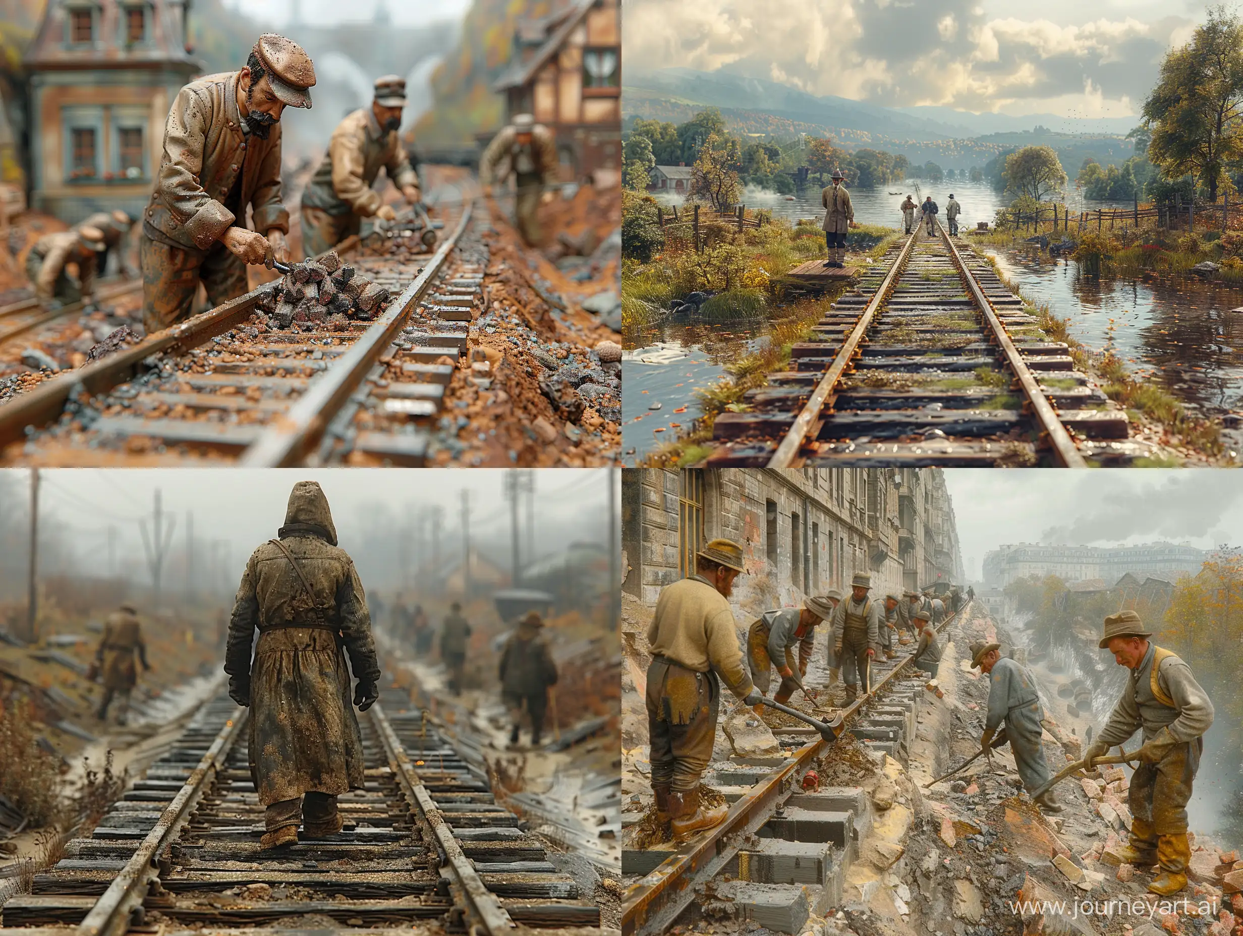 Railway workers  in 1845 doing their daily work on the railway in normal conditions, with realistic and precise details in a beautiful and harmonious image with professional effects, background blur, precise details and creativity highly detailed --style raw --stylize 750