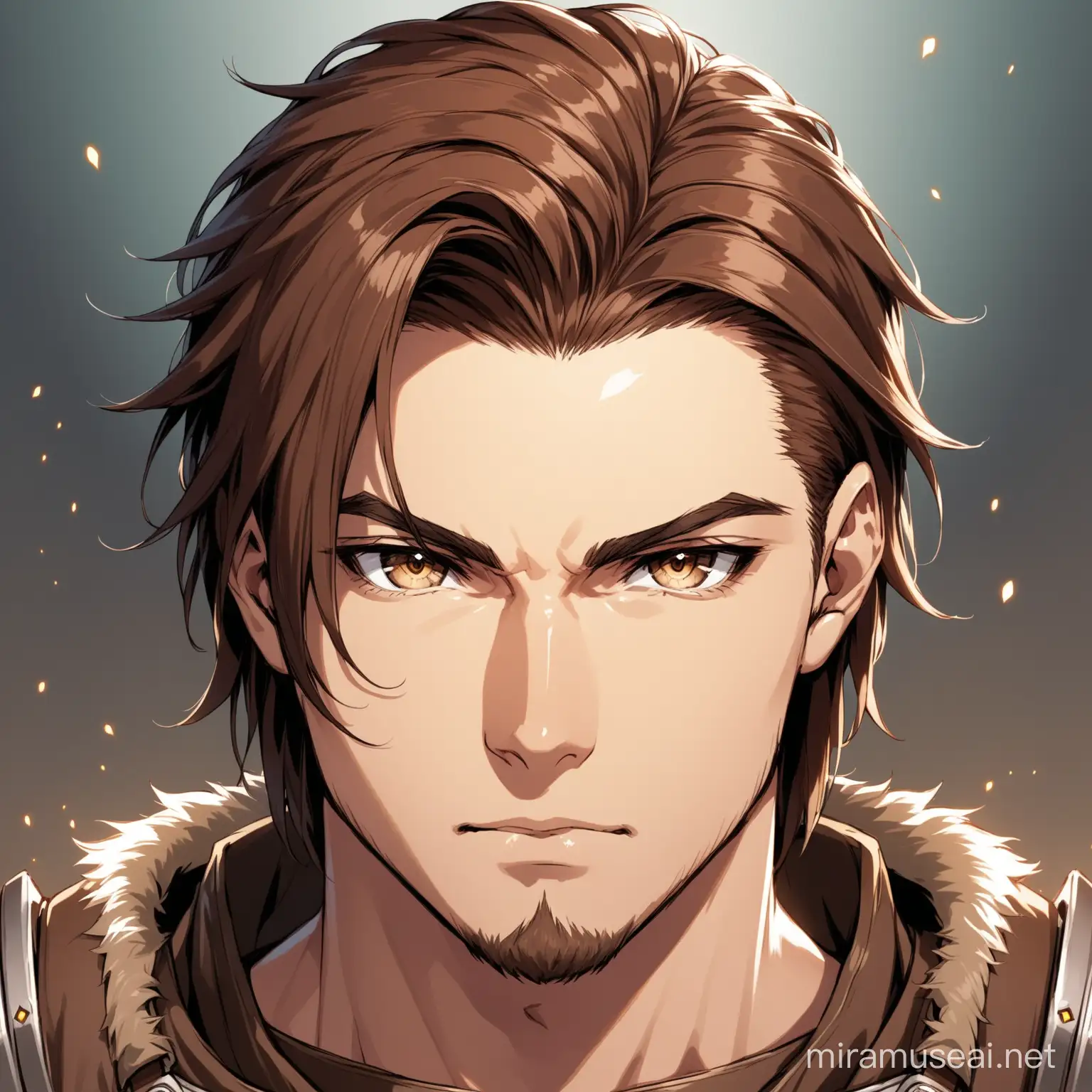 generate masculine warrior man with brown hair and brown eye front of camera