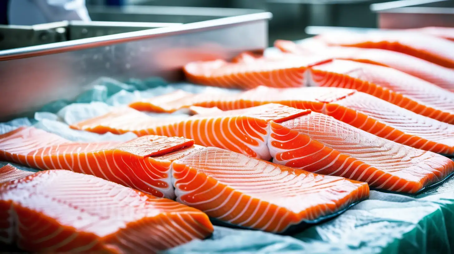 Bright Fresh Salmon Fillets in Fish Processing Factory