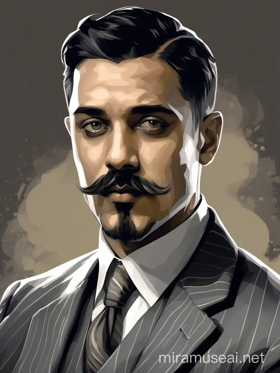 A portrait of a 1920s 29 years old man. Short black hair, trimmed moustache, goatee. wearing a grey suit, in the style of a digital painting