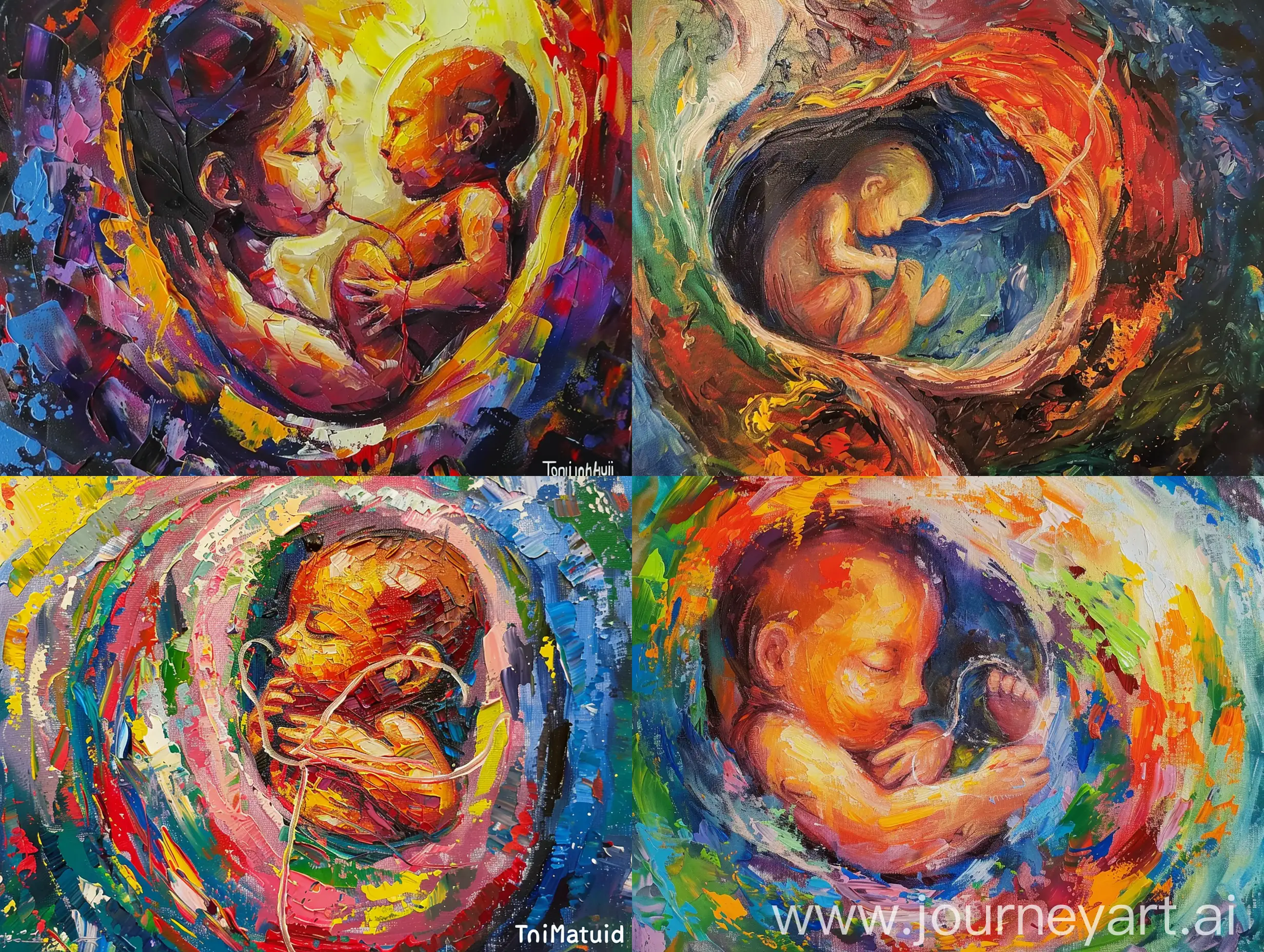 Oil painting of a baby inside its mother painted with its umbilical cord connected with its mother in an impressionate style of toni mahfud painting style, conceptual art, painting with bright colours.