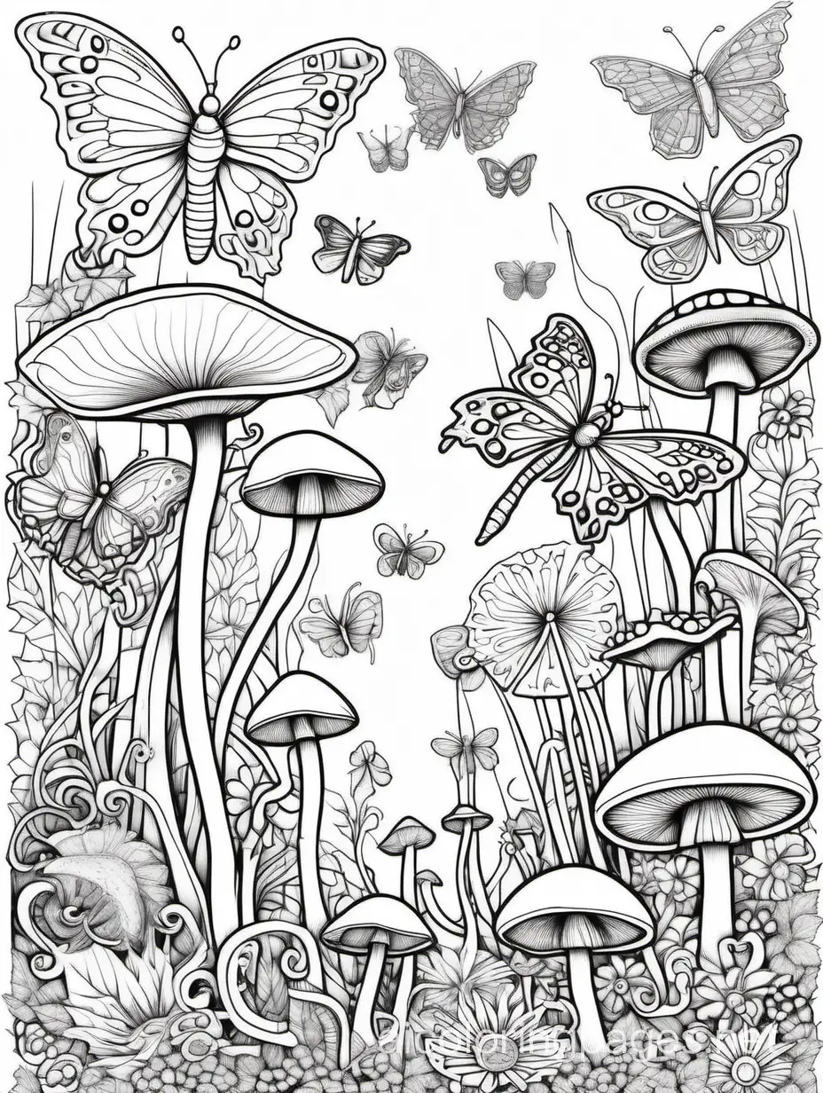 Tranquil-Coloring-Page-Trippy-Mushrooms-Flowers-Butterflies-and-Dragonflies