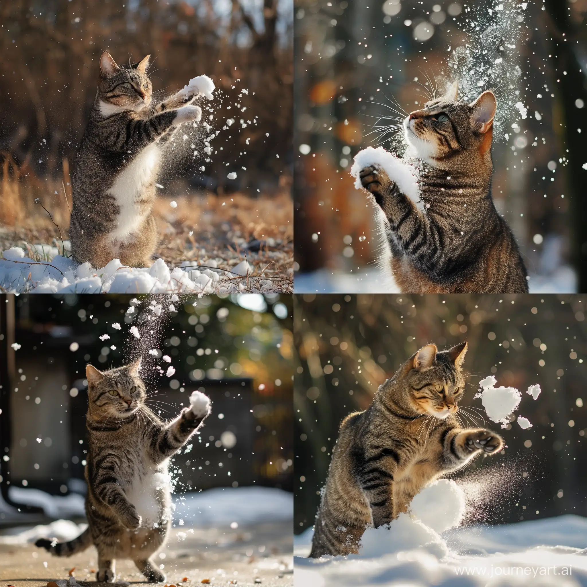 A cat throwing snow