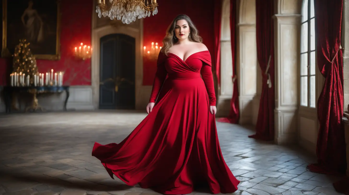 beautiful, sensual, classy elegant plus size model wearing off-shoulder cherry red dress with a slightly flared skirt that ends just below the ankles, slightly flared long skirt,  skirt is made from the same cherry red fabric as top, fitted black bodice, v-neck surplice off shoulder bodice, long fitted sleeves, empire defined waistline with a waistband tonal to the dress, hair is flowing, luxury photoshoot inside a magical winter castle in France, winter decorations  inside the rooms in the castle, antique background