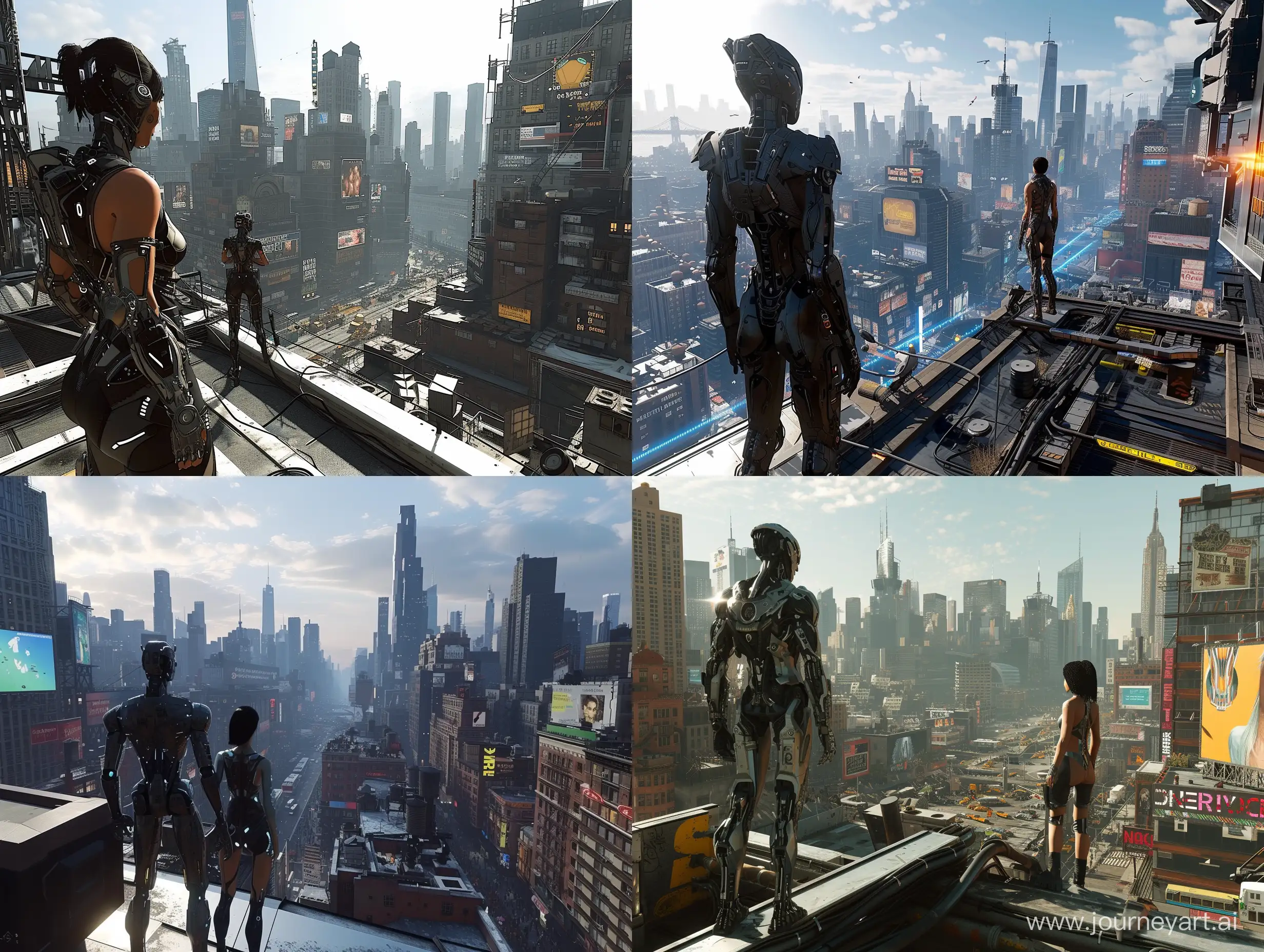 A screen capture shows a first-person view of a cybernetic man and woman standing on a rooftop with natural lighting. The bustling New York Manhattan skyline is visible, creating a science fiction world. The scene captures an open world area with transportation, skyscrapers, residences, commercials, and infrastructures. Visuals, 35mm.

