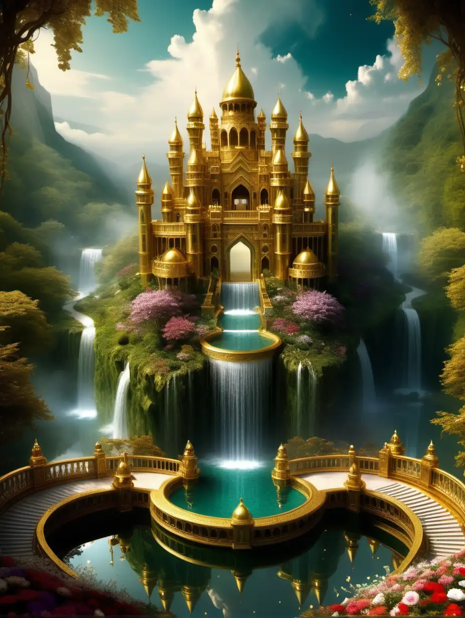 Heaven. Gold castle. Divine Nature. Highest Holiest Era. Flower Gardens. Water falls. Jharna. Gold and diamonds. Precious gem stones. mirrors