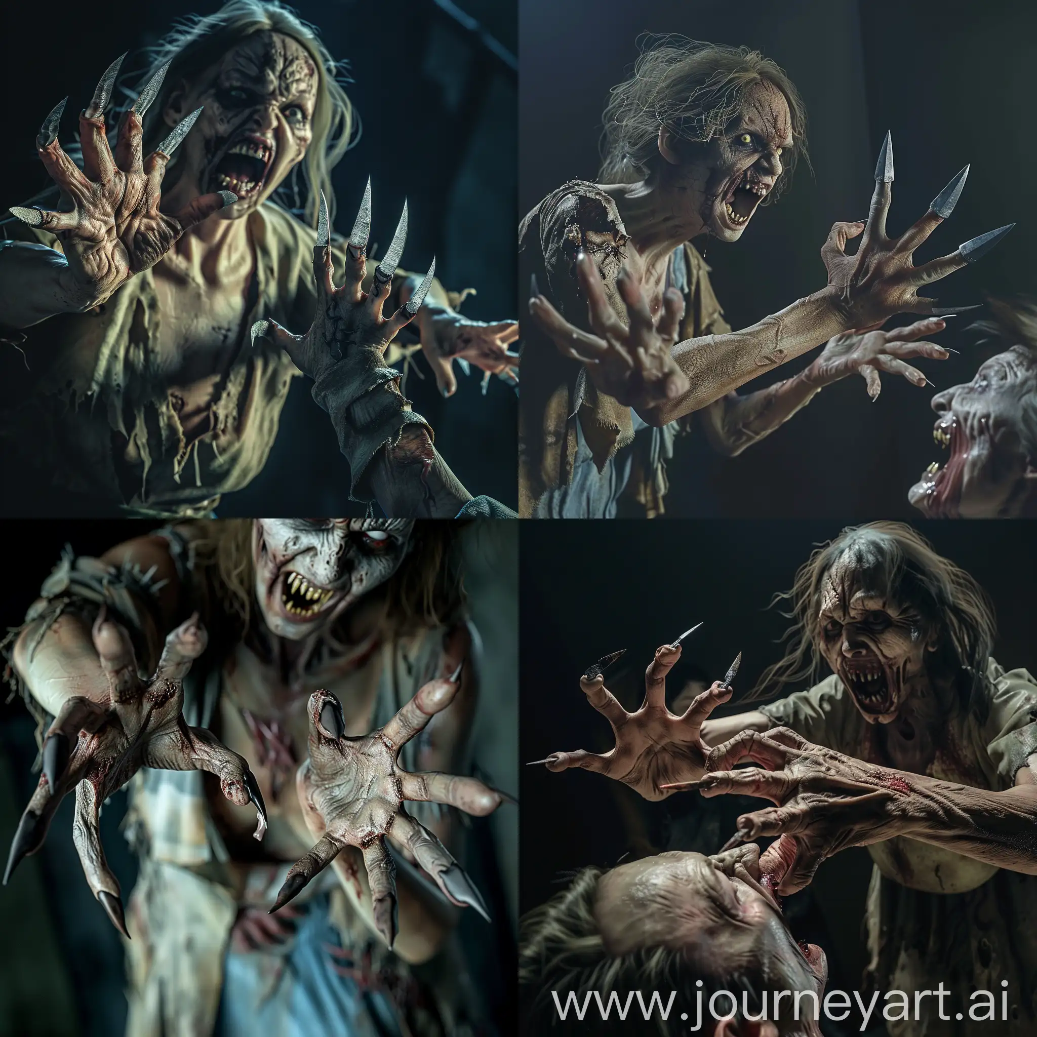 Terrifying-Zombie-Attack-Woman-Menaces-Helpless-Victim-with-Clawed-Hands