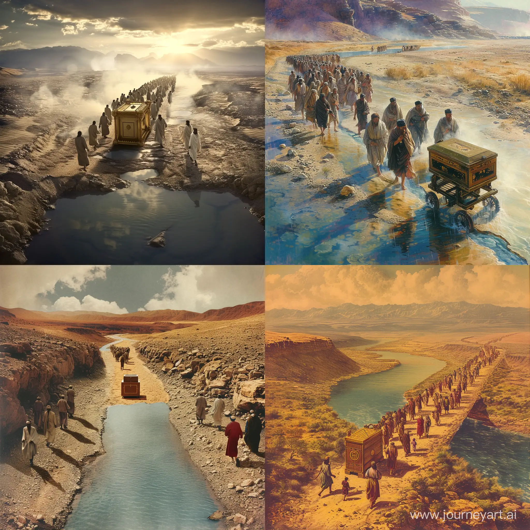 miracle of israelites crossing the jordan. Ark of the covenant. Walking on dry land with river split into two