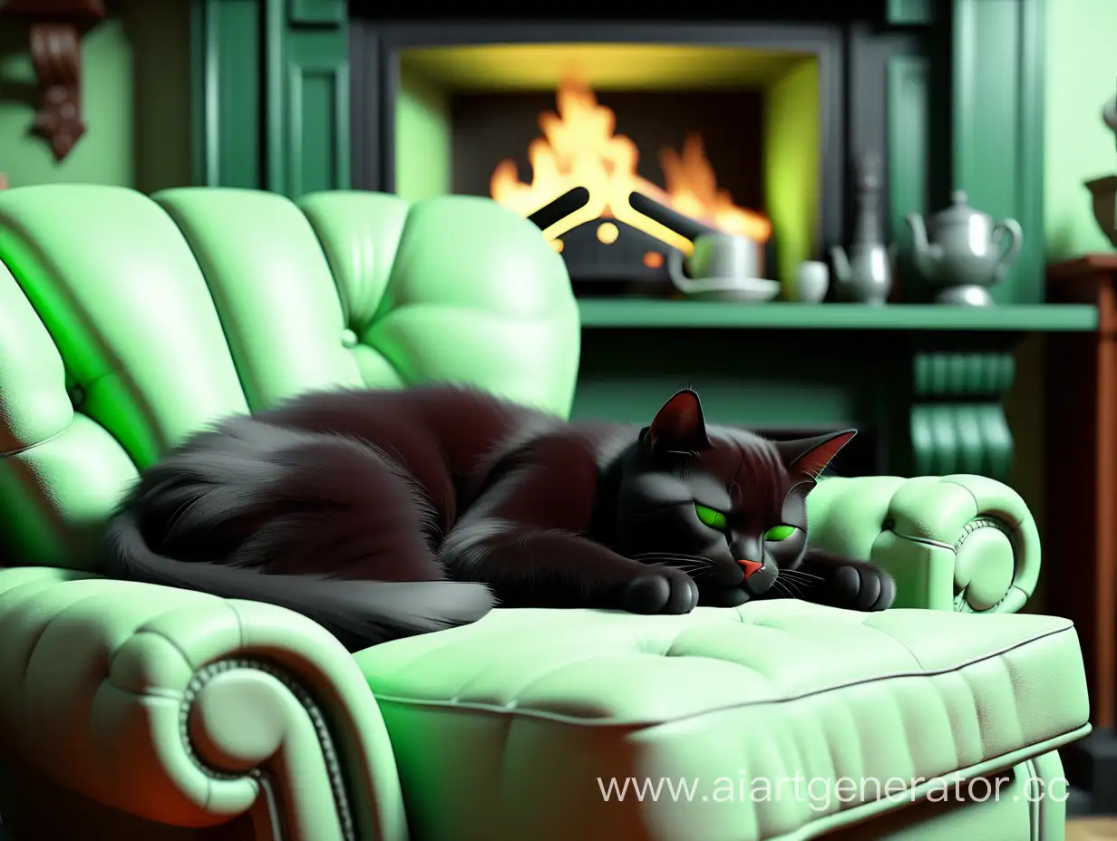 Cozy-Fireplace-Scene-Sleeping-Black-Cat-on-Light-Green-Armchair