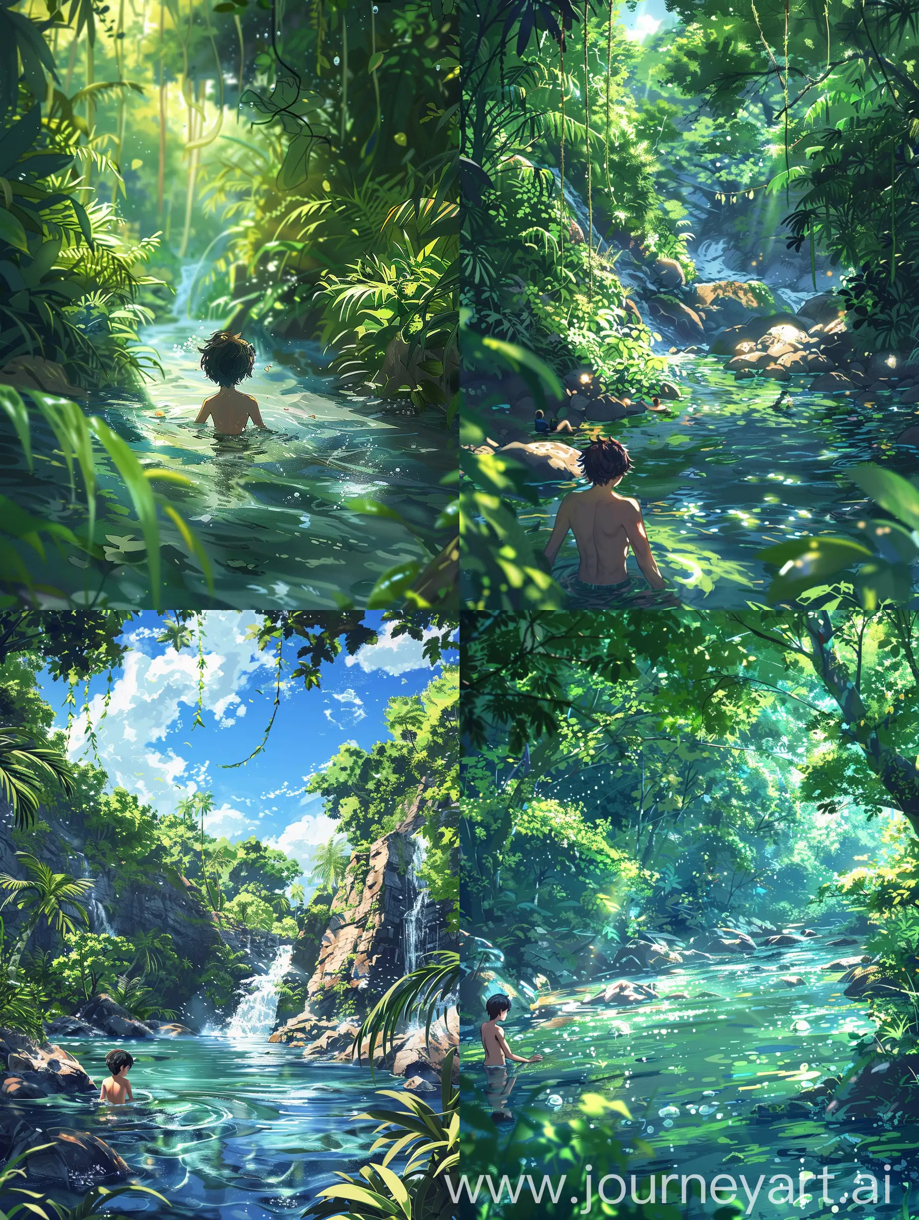 Beautiful anime style,genshin impact style,mix of makoto shinkai style,a boy in the jungle,swim in river,summers