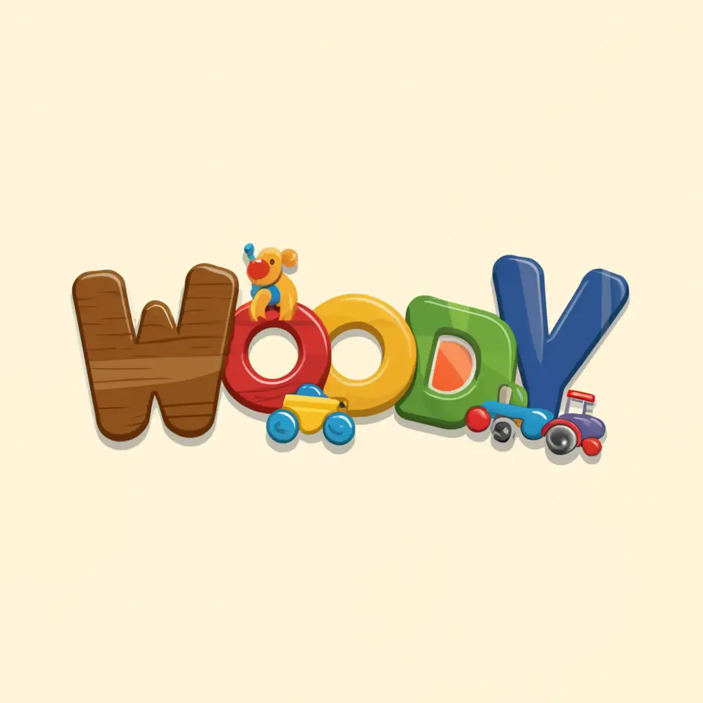 a logo design,with the text "woody", main symbol:playful colorful wooden toys,Moderate,clear background