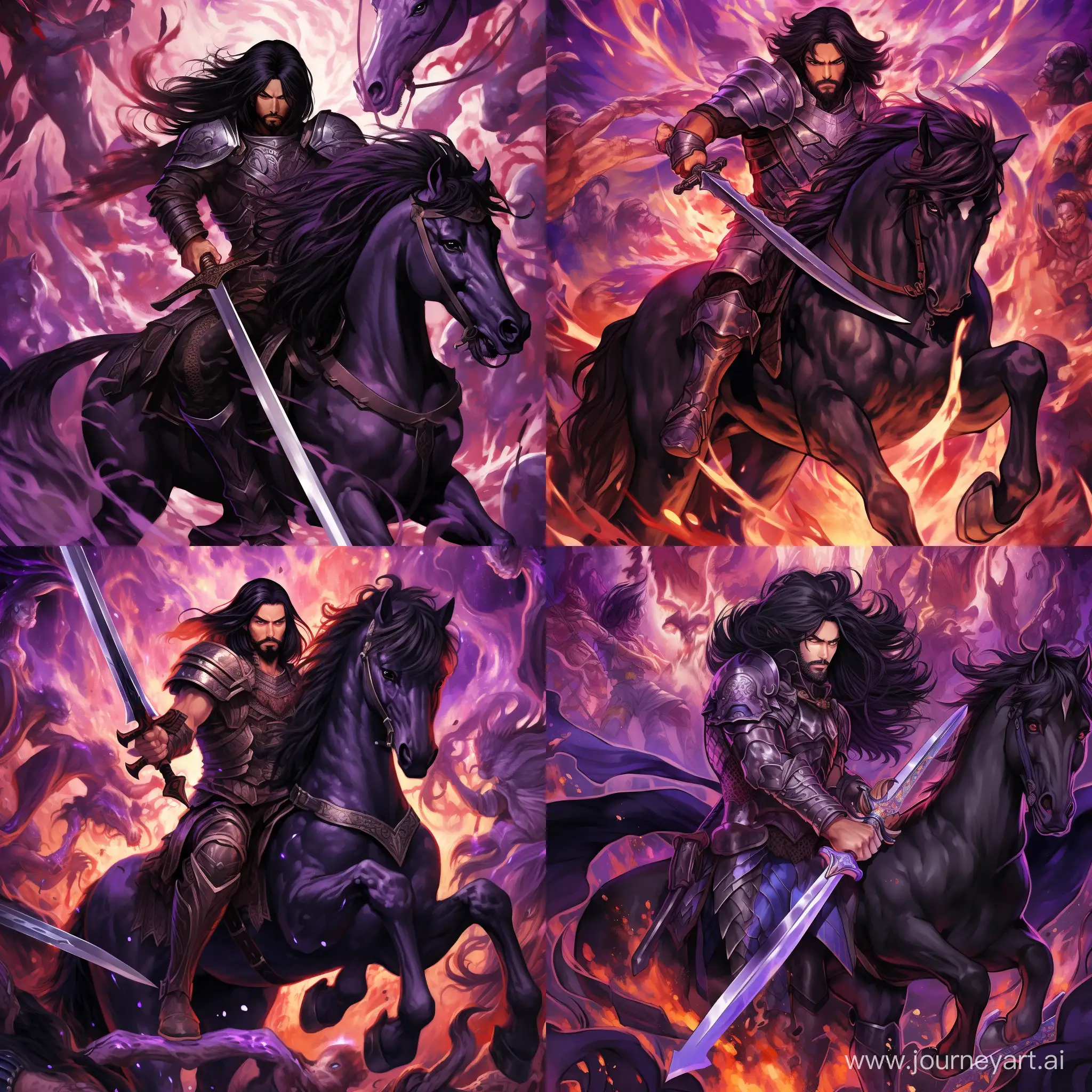 Ultra realistic,A tall man,bearded,big muscle,long black hair,purple eye pupils,wearing an indestructible black steel armour that has a black cape,holding an indestructible black sword that has purple carving of ancient language in the middle of the sword,sitting on a black big scary horse with purple flaming eyes,the background is hundreds of people fighting in a war,dark clouds and raining,a dark purple thunder strikes,sony alpha 1 V6