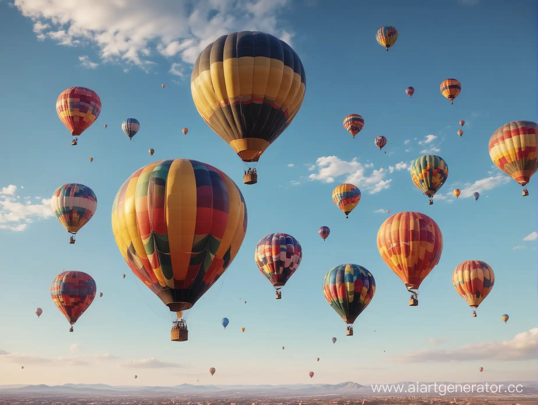 полеты на воздушных шарах, много разноцветных, вид с земли на фоне ясного неба,  реализм
